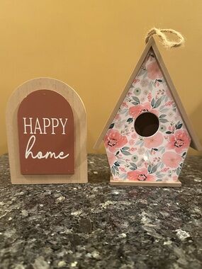 Floral Birdhouse & "Happy Home" Wood Decor Set Shelf Sitter NWT